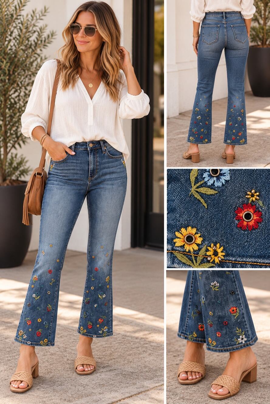 Driftwood Roxy Embroidered Crop Flare Jeans W27 Floral Studded Blue Denim
